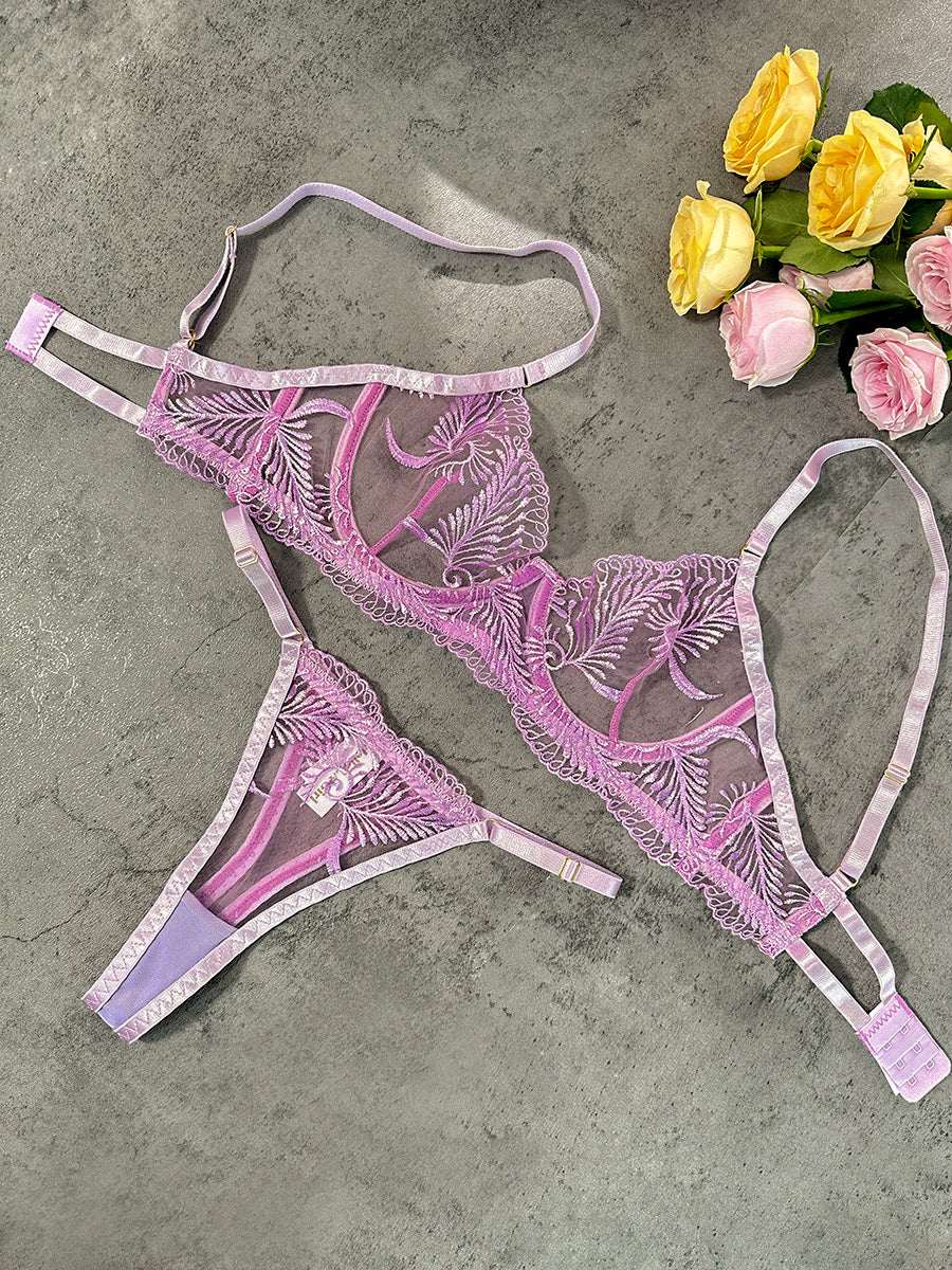 Free Shipping For Puple Elegant Essence Embroidery Lingerie Set