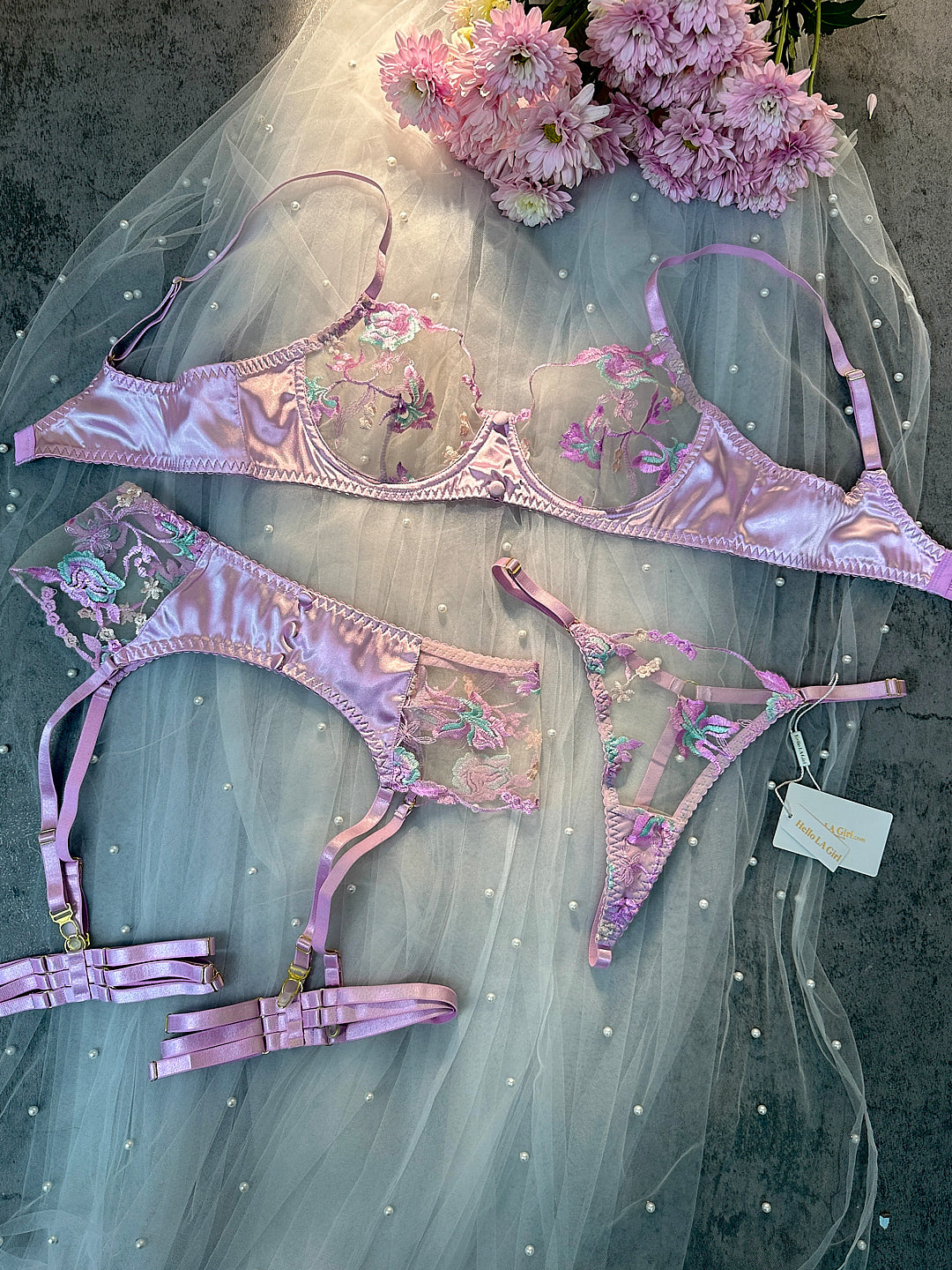 Free Shipping For Mesh Embroidered Floral Lingerie Set