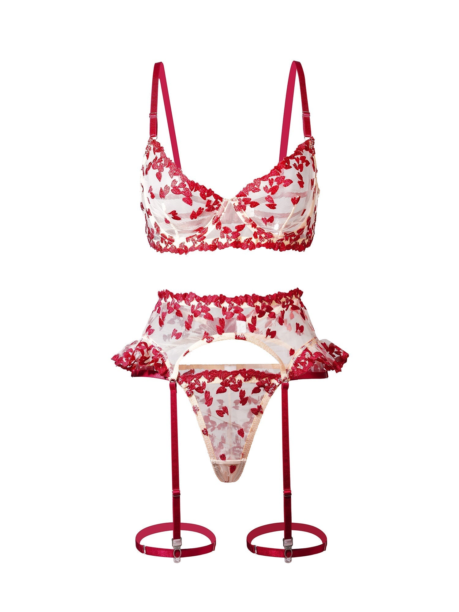 Free Shipping For Romantic Red Heart Embroidered See-through Lingerie