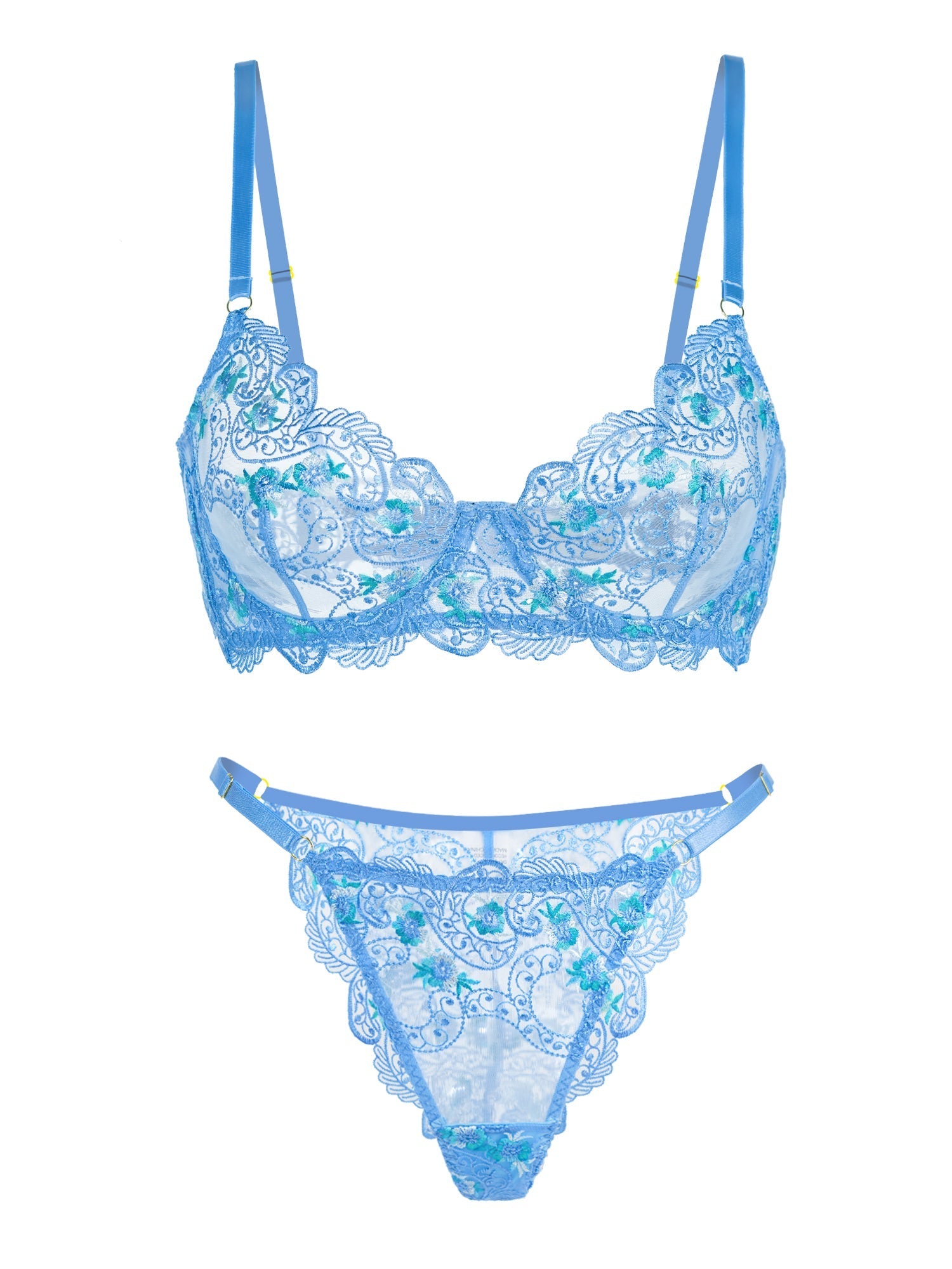 Free Shipping For Blue Floral Embroidery Lingerie Set