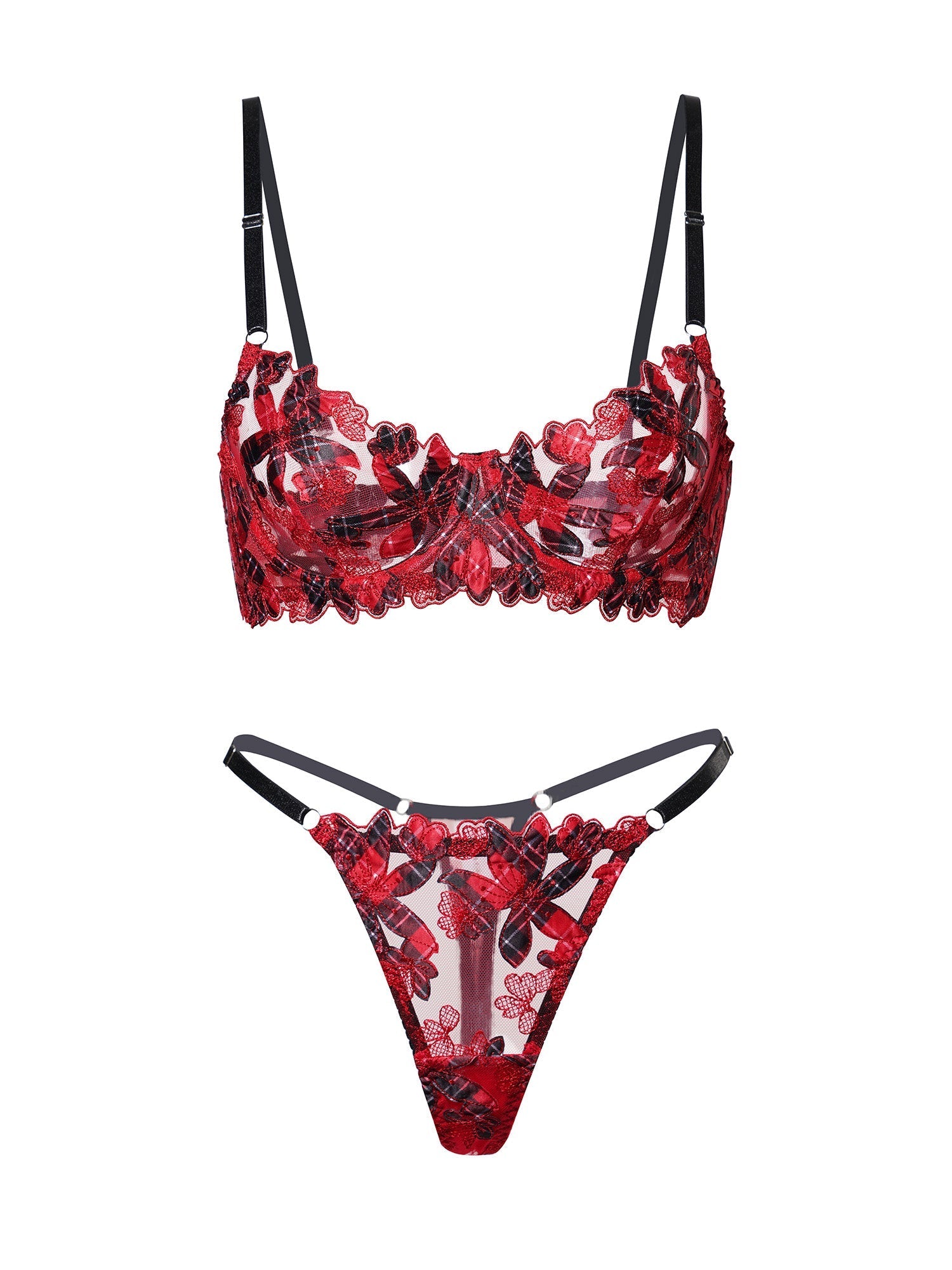 Free Shipping For Red Tartan Flower Lingerie Set