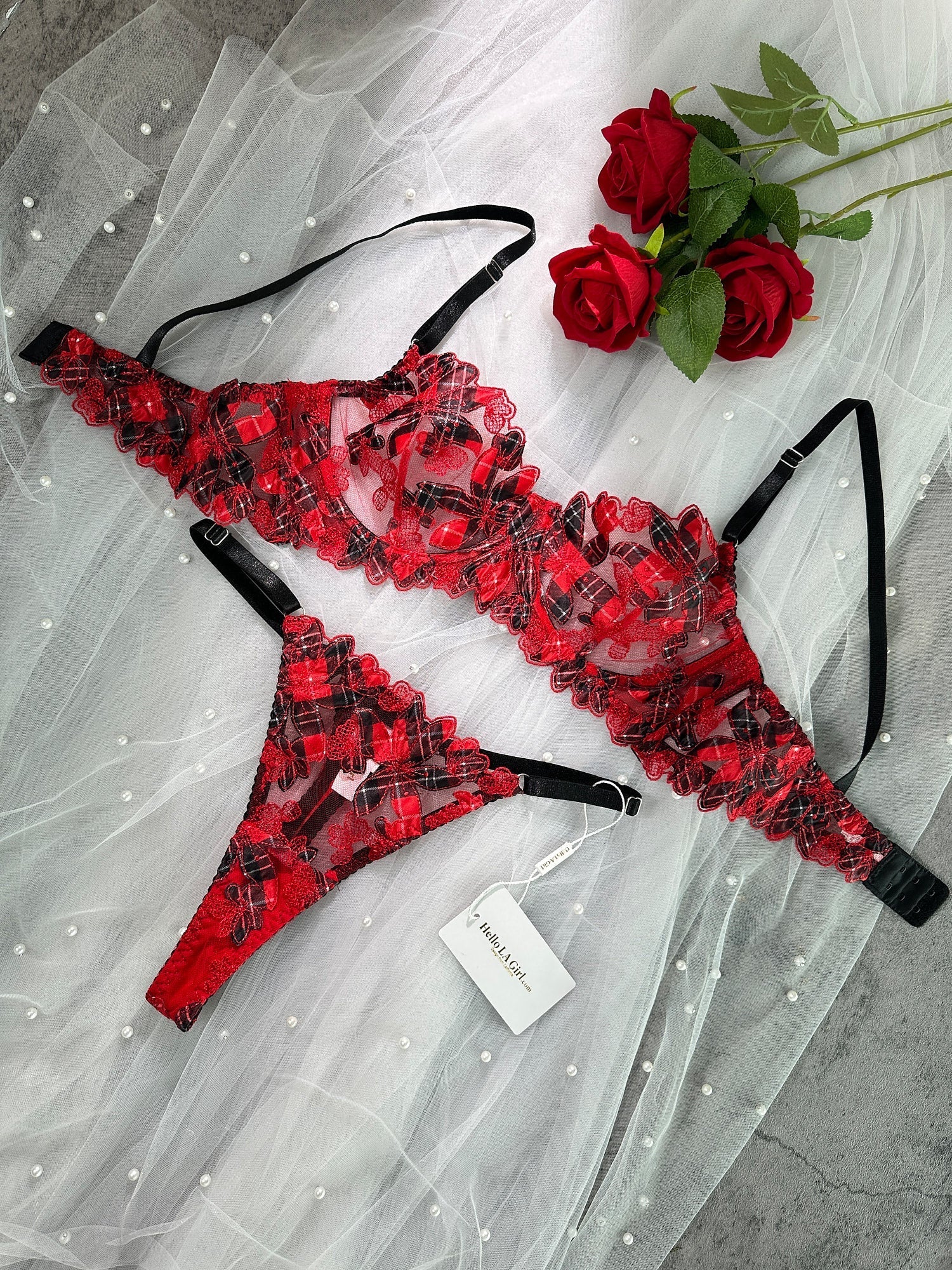 Free Shipping For Red Tartan Flower Lingerie Set