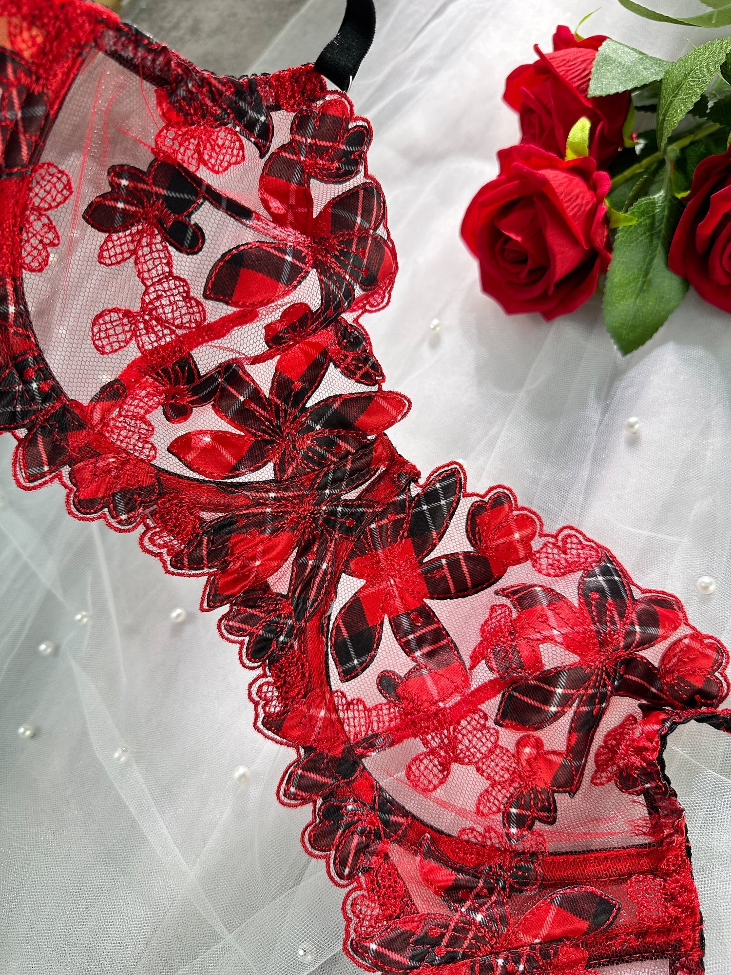 Free Shipping For Red Tartan Flower Lingerie Set