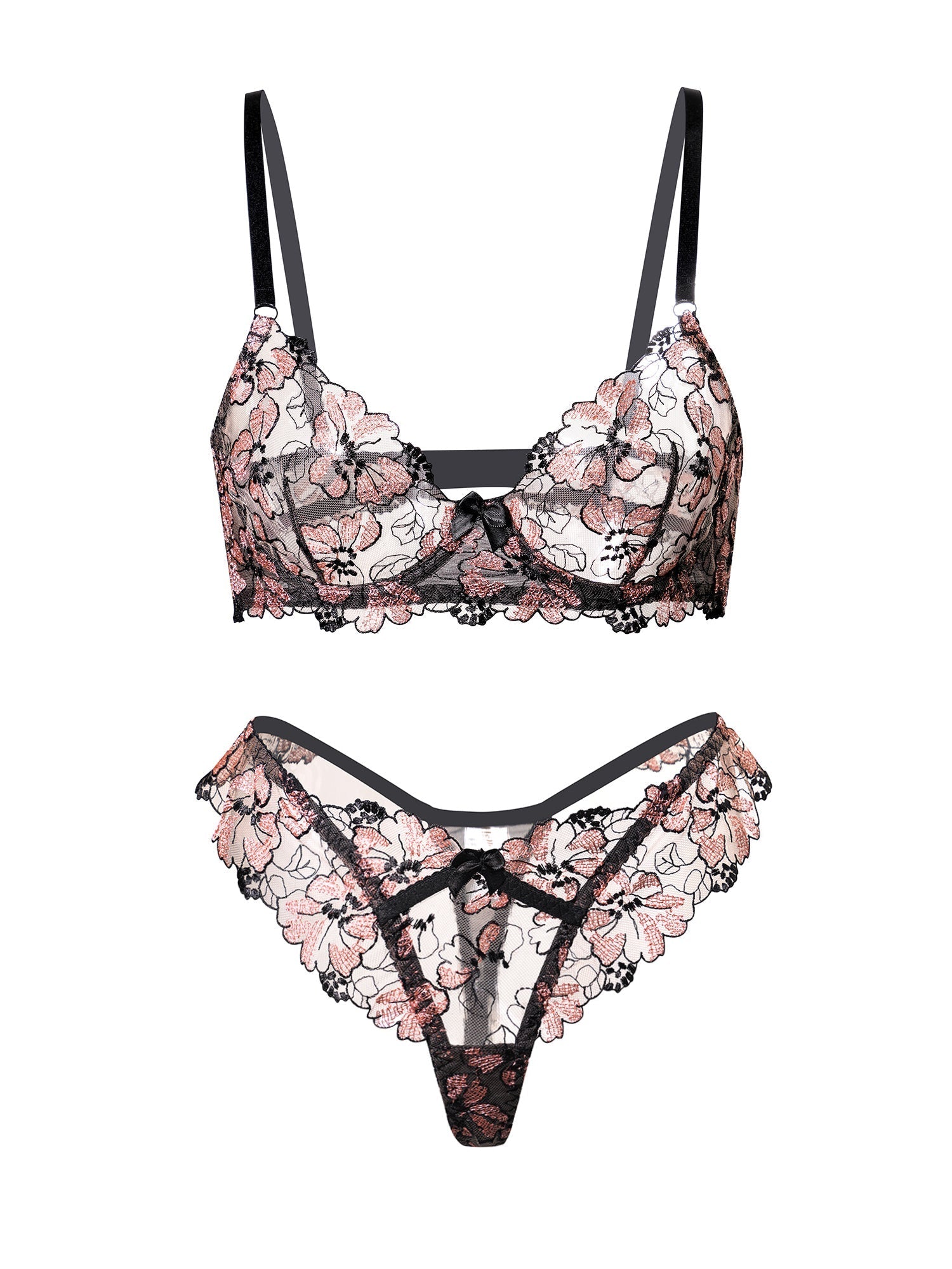 Free Shipping For Black& Dustyrose Flutter Lace Lingerie Set