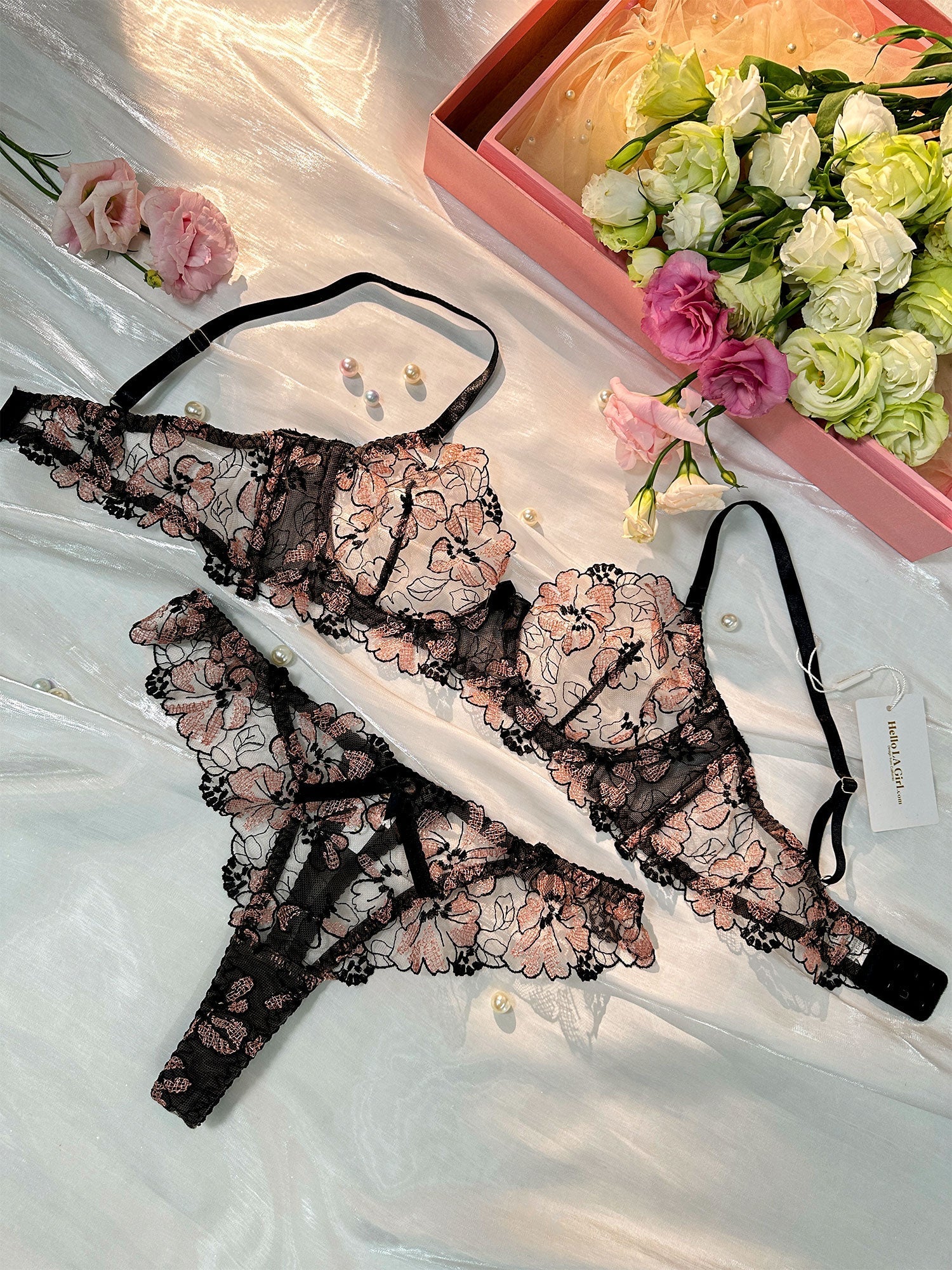 Free Shipping For Black& Dustyrose Flutter Lace Lingerie Set