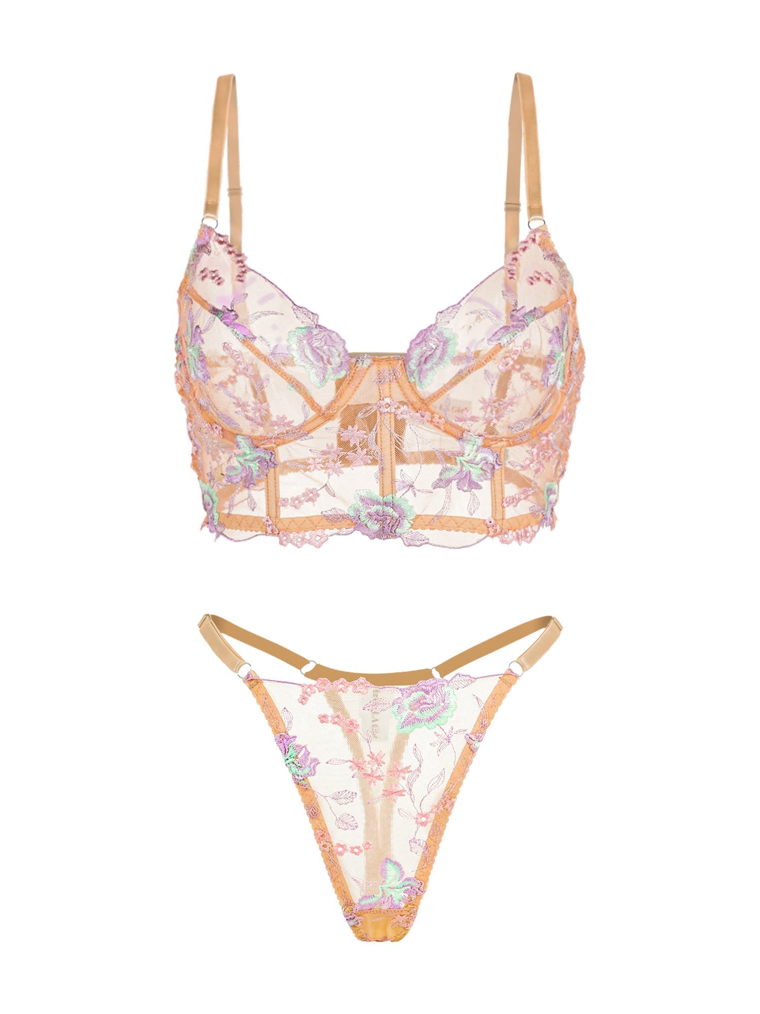 Free Shipping For Champagne Floral Sexy Sheer Embroidered Lingerie Set