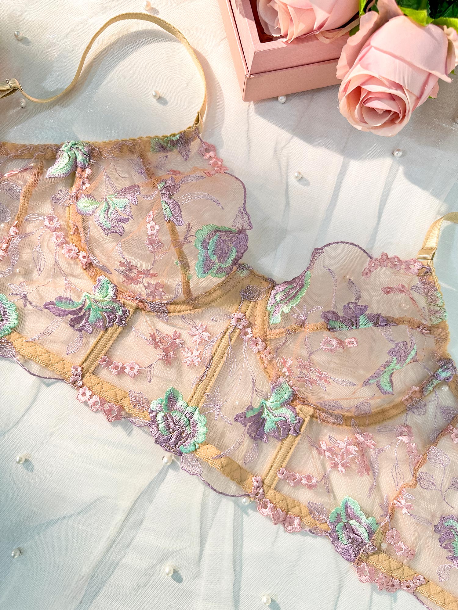 Free Shipping For Champagne Floral Sexy Sheer Embroidered Lingerie Set