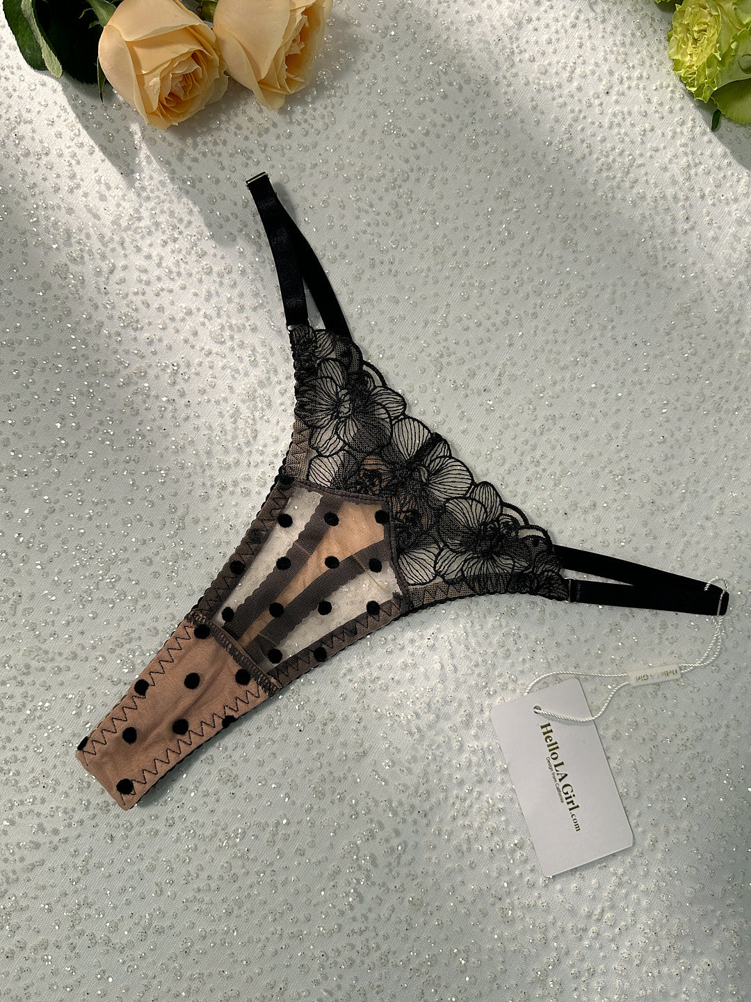 Free Shipping For Nude Black Spot Soft Lace Widen Side Lingerie Set