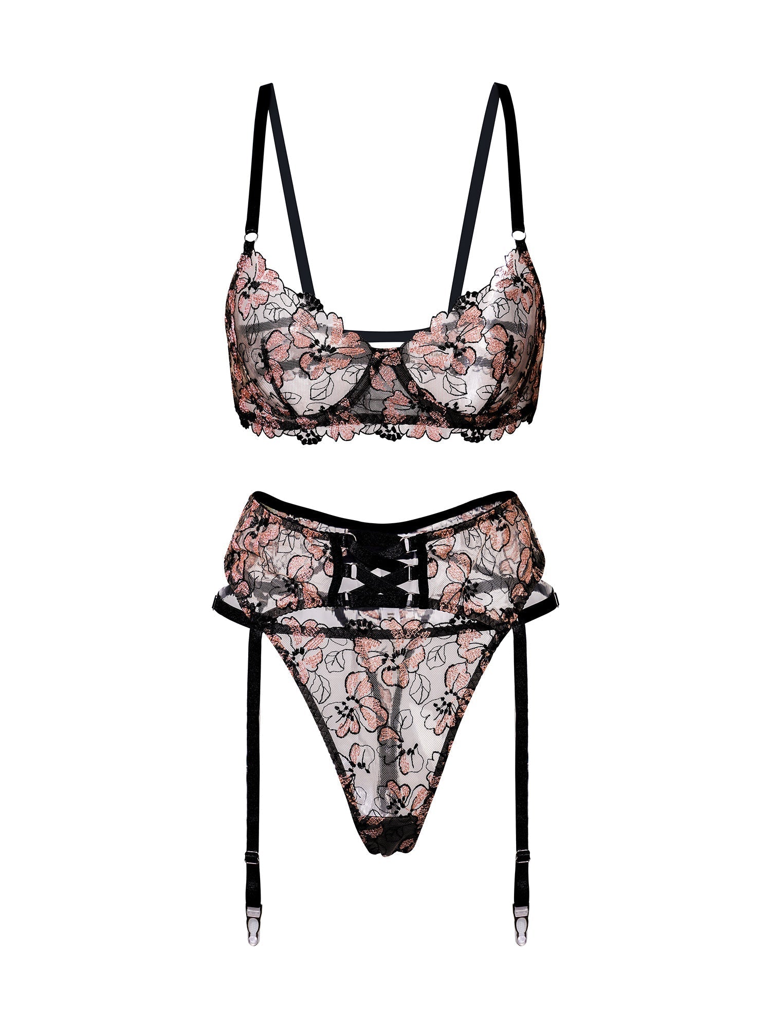 Free Shipping For Black& Dustyrose Flowers Lingerie Set