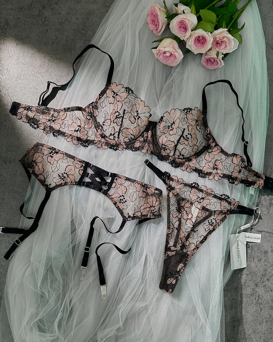 Free Shipping For Black& Dustyrose Flowers Lingerie Set