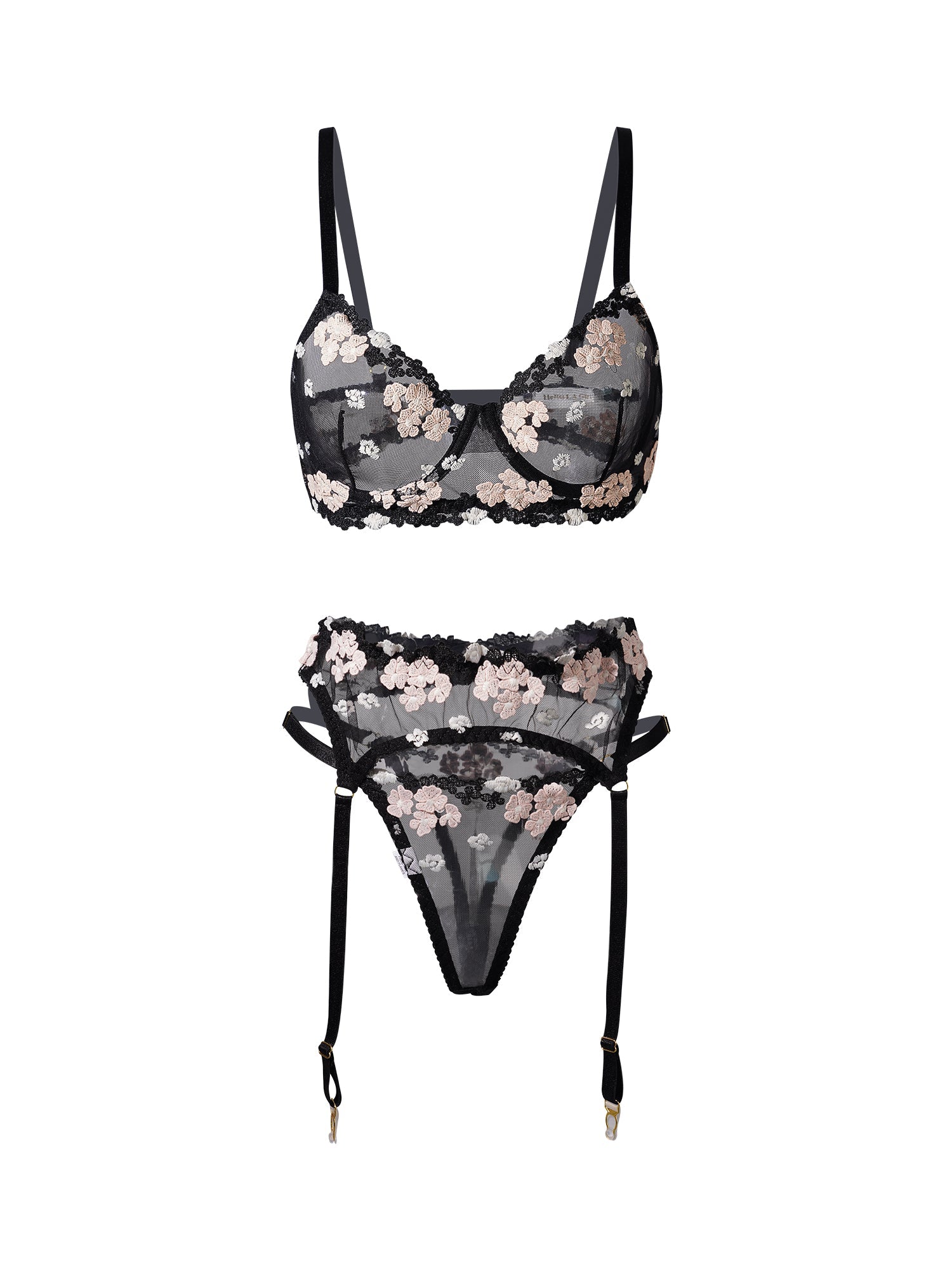 Free Shipping For Black Cherry Blossoms Sheer Lace Lingerie Set