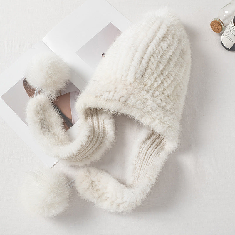 Warm Faux Mink Fur Hat with Fox Pom Pom