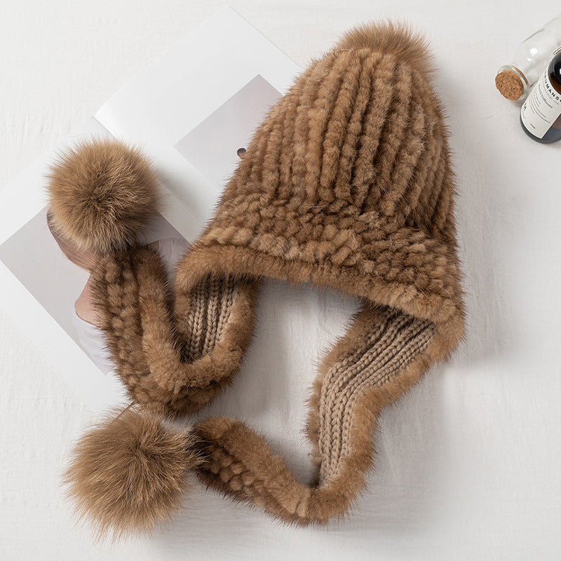 Warm Faux Mink Fur Hat with Fox Pom Pom