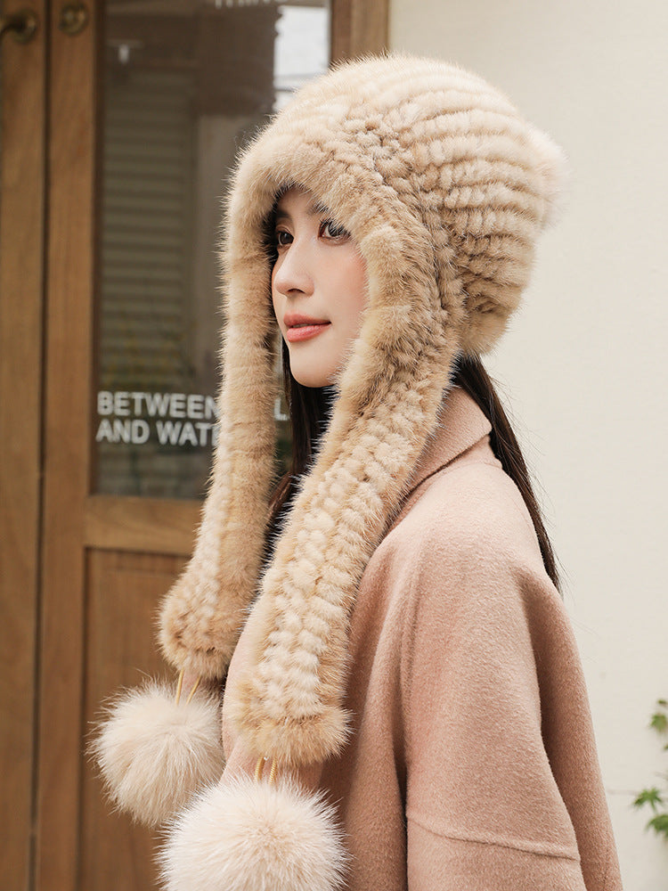 Warm Faux Mink Fur Hat with Fox Pom Pom