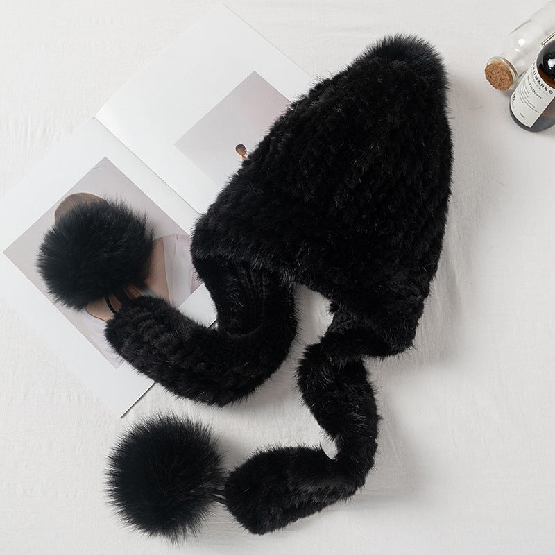 Warm Faux Mink Fur Hat with Fox Pom Pom