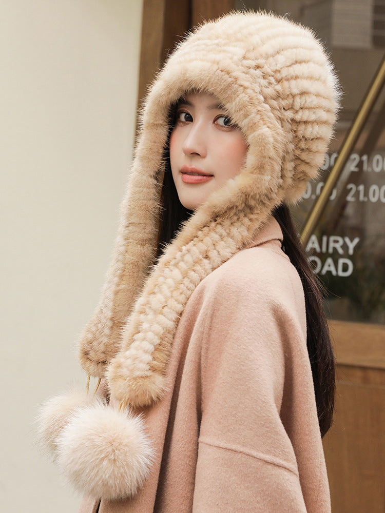 Warm Faux Mink Fur Hat with Fox Pom Pom