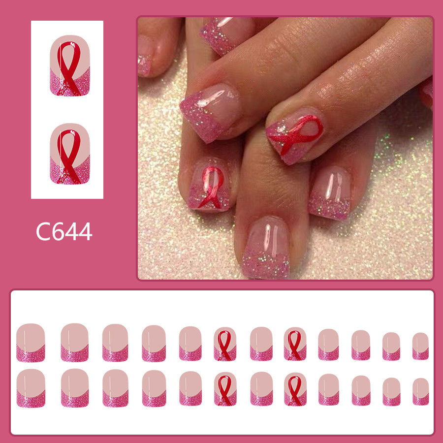 Short Shiny Square French Pink Ribbon Removable Nails