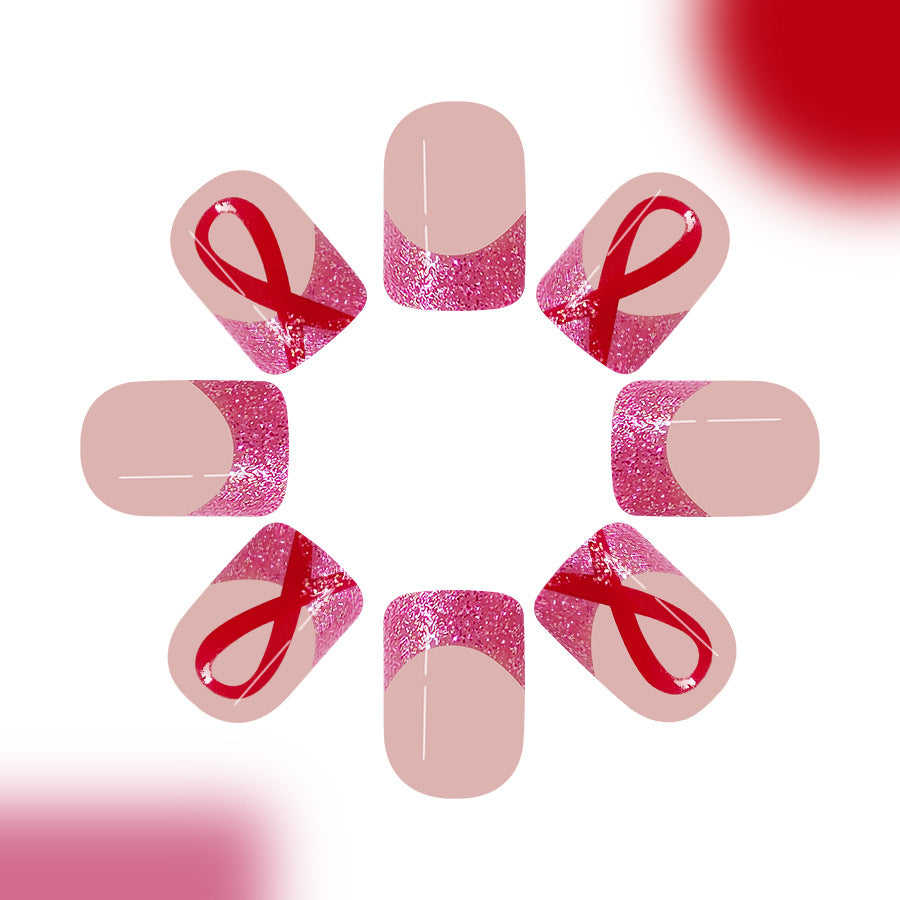 Short Shiny Square French Pink Ribbon Removable Nails