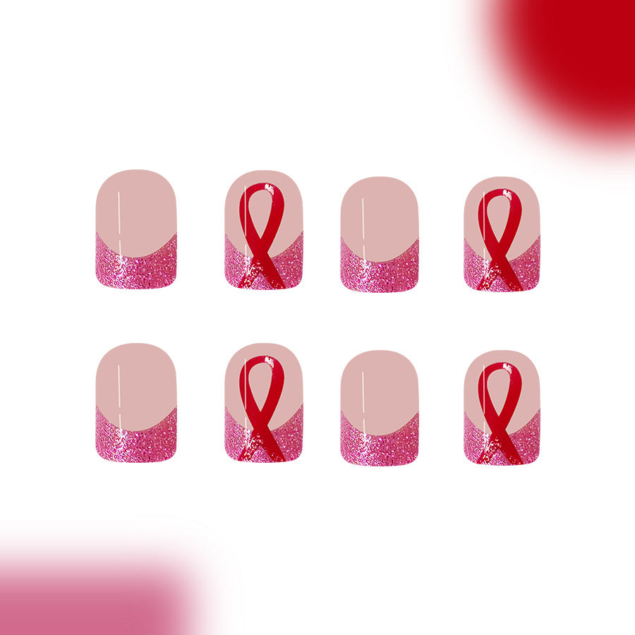 Short Shiny Square French Pink Ribbon Removable Nails
