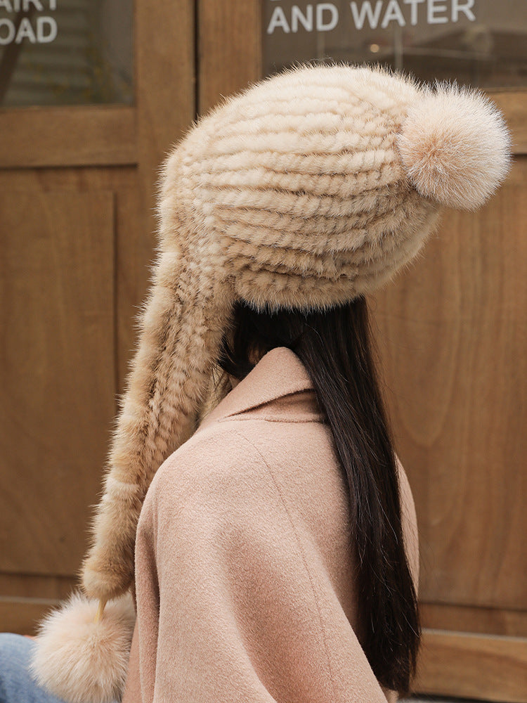 Warm Faux Mink Fur Hat with Fox Pom Pom