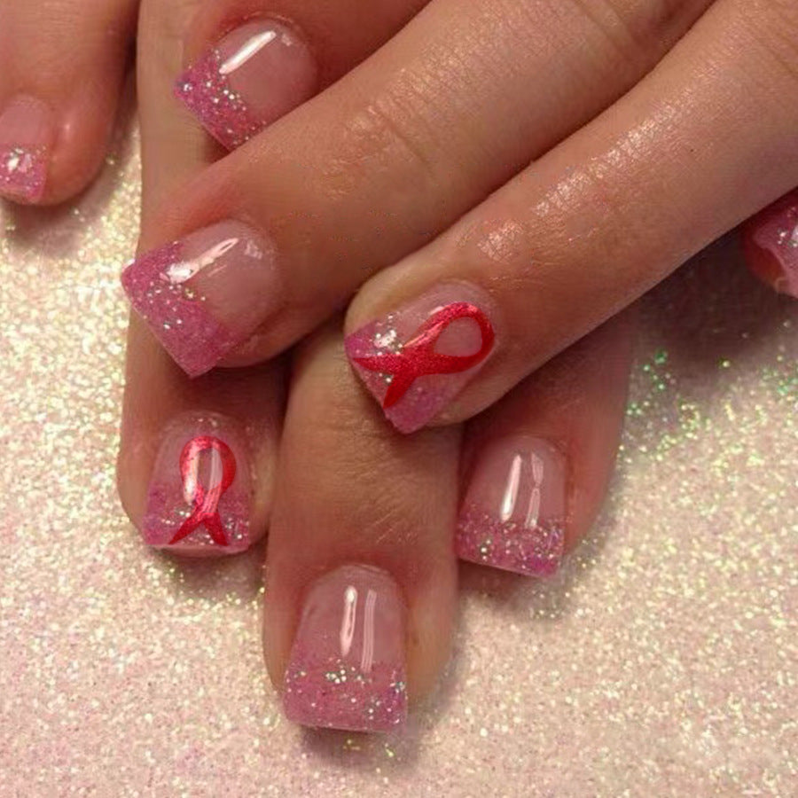 Short Shiny Square French Pink Ribbon Removable Nails