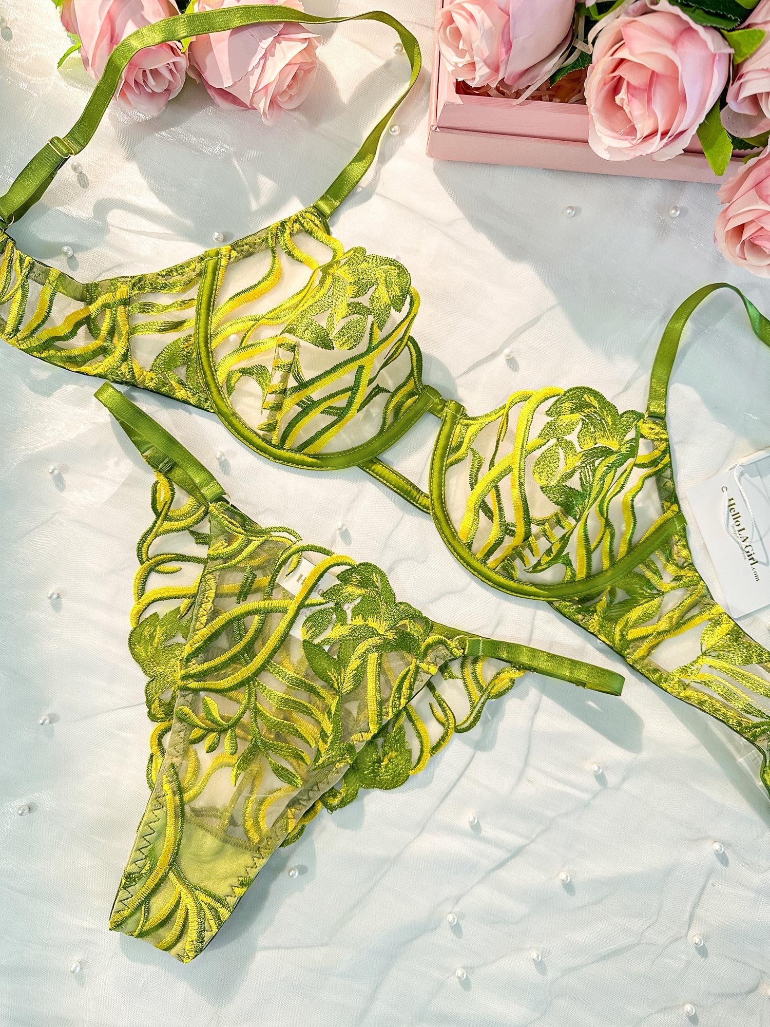 Free Shipping For Green Leaves Lingerie Set