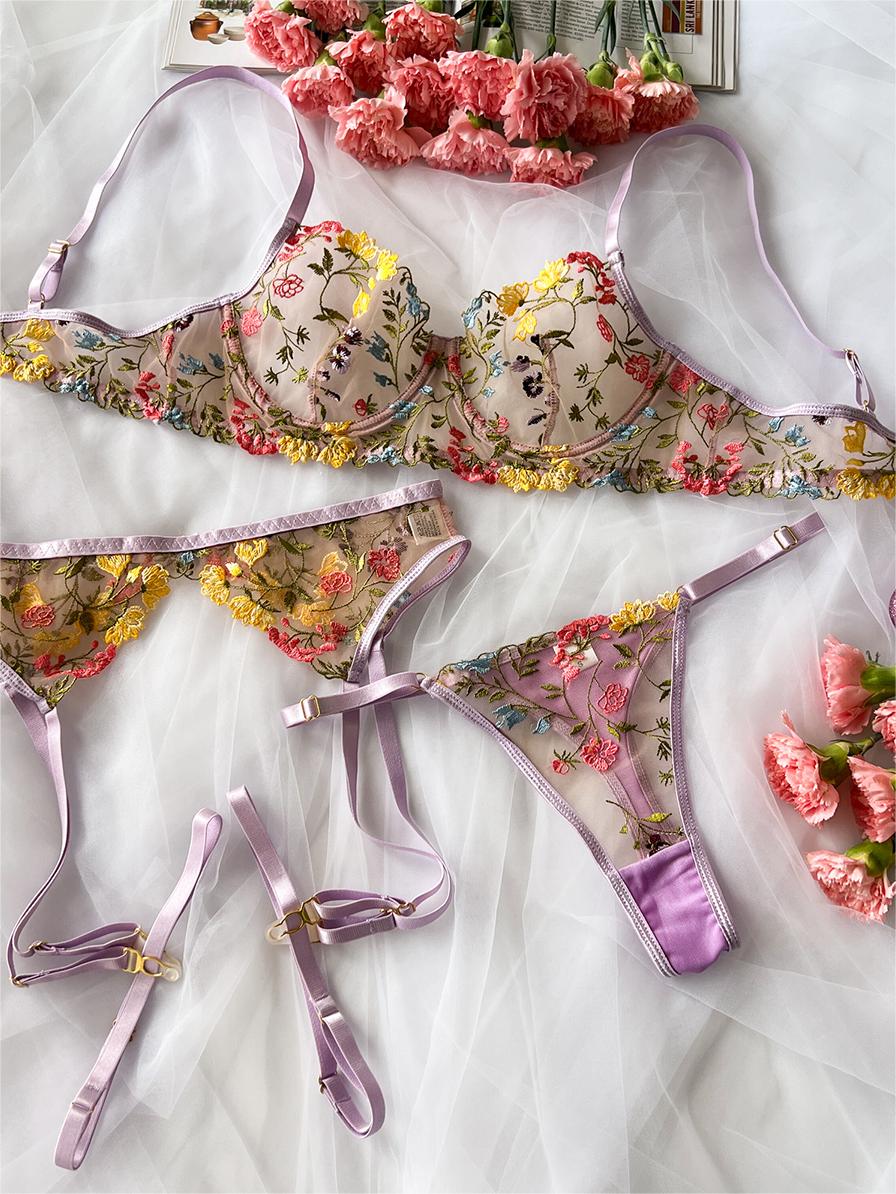 Free Shipping For Cream Purple Floral Embroidery Lace Cup Lingerie Set