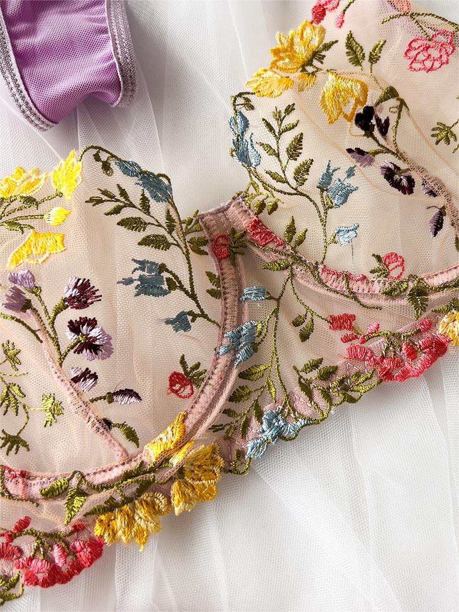 Free Shipping For Cream Purple Floral Embroidery Lace Cup Lingerie Set