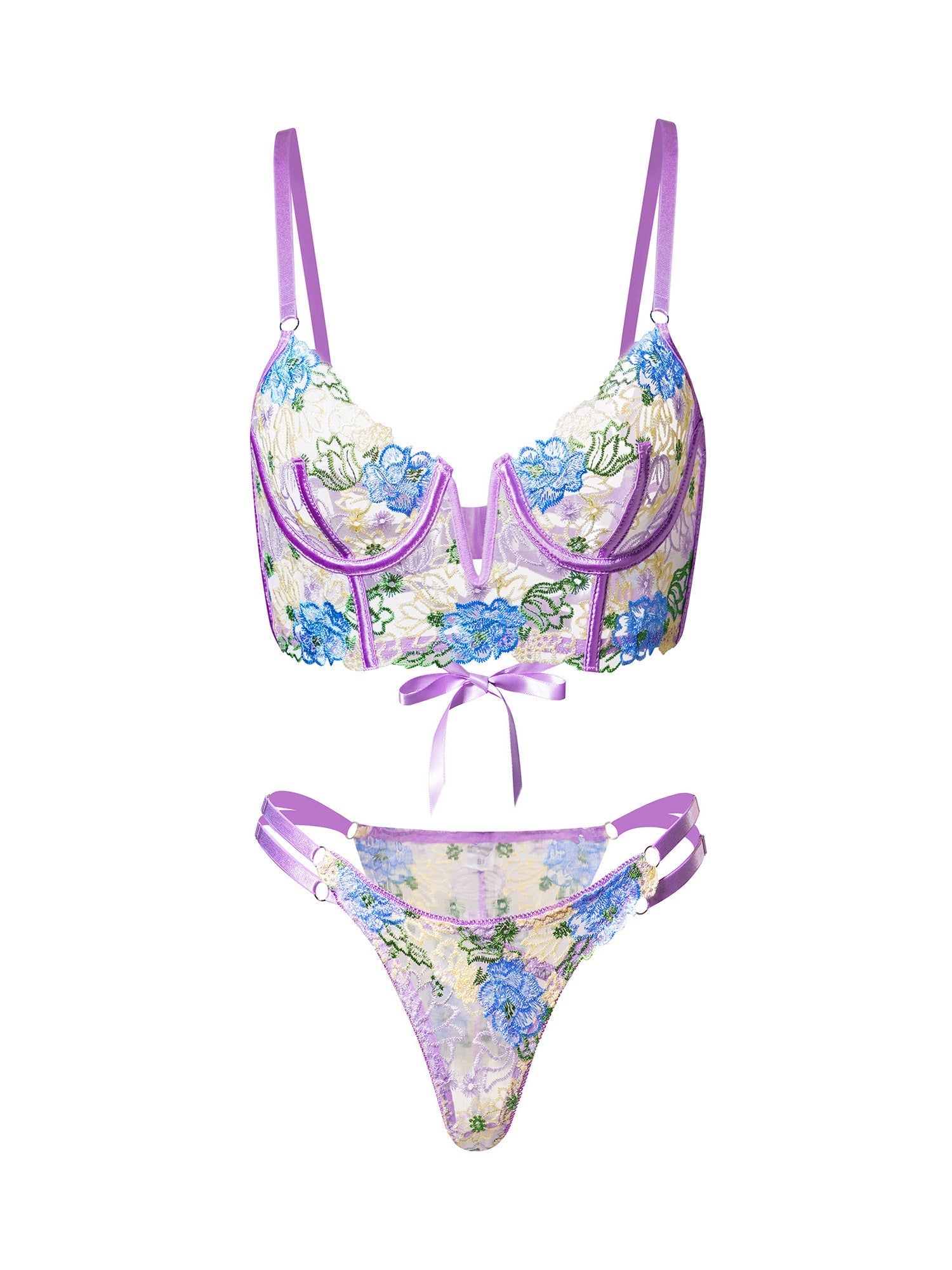 Free Shipping For Purple Florals Embroidery Bustier Lingerie Set