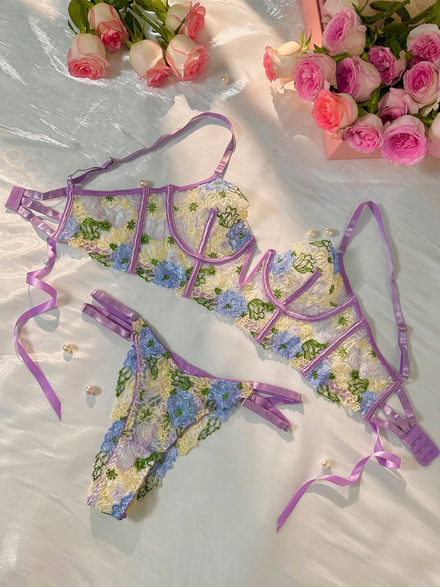 Free Shipping For Purple Florals Embroidery Bustier Lingerie Set