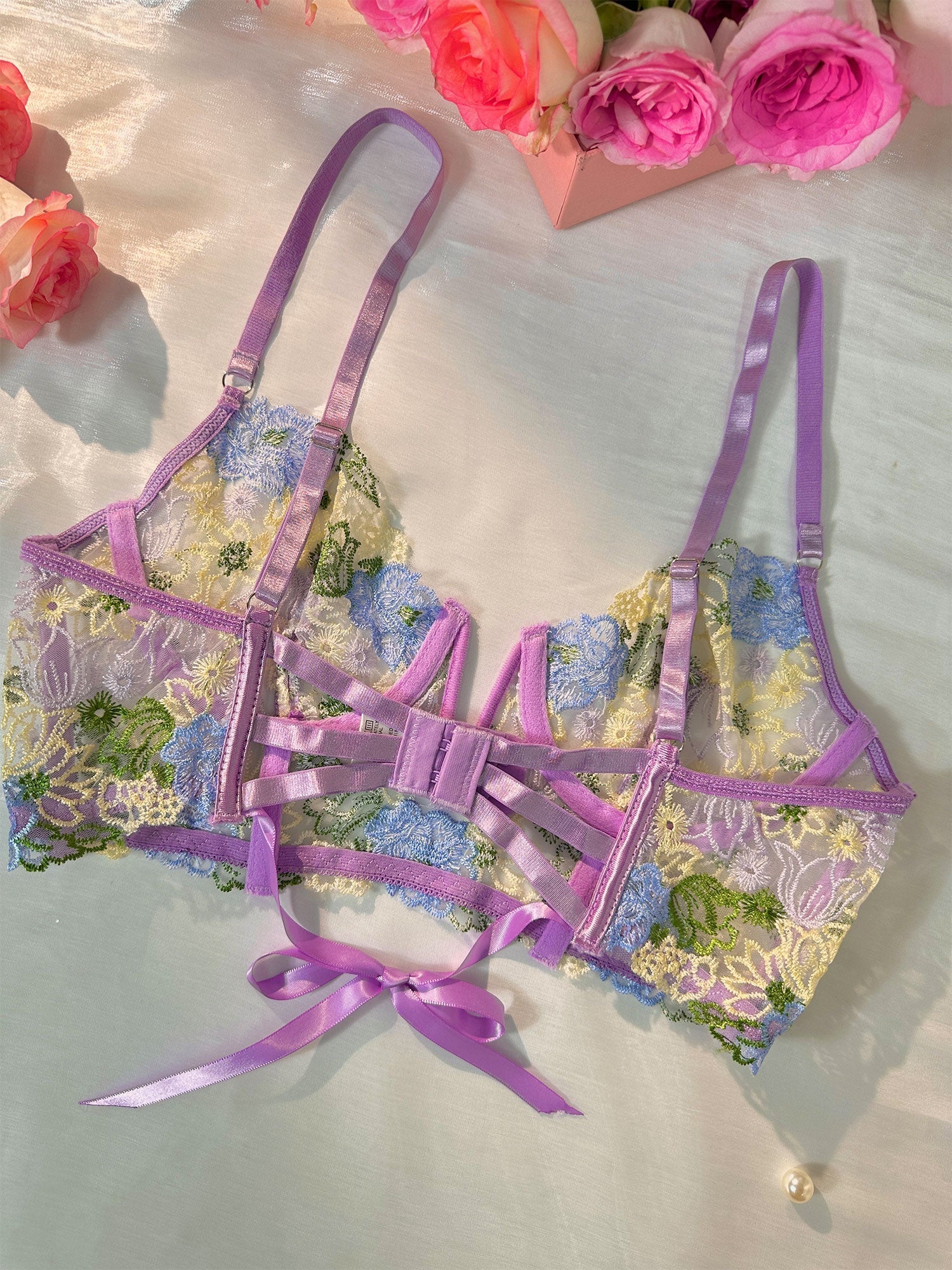 Free Shipping For Purple Florals Embroidery Bustier Lingerie Set