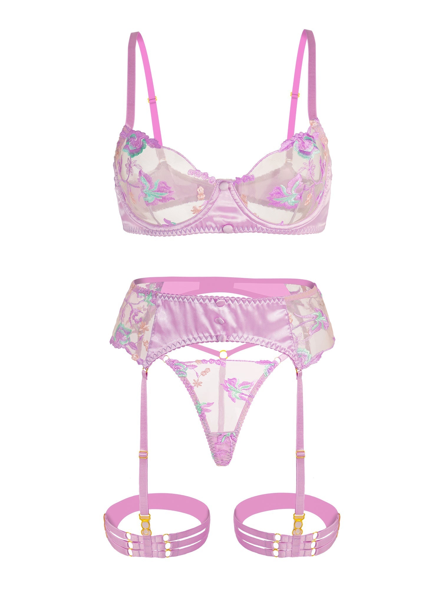 Free Shipping For Mesh Embroidered Floral Lingerie Set