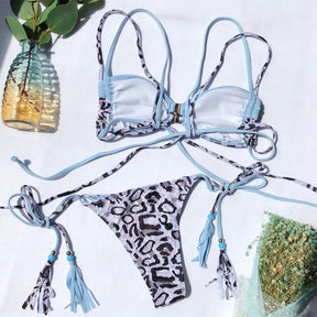 Leopard Strappy Colorblcok Mid Rise Thong Bottom Bikinis
