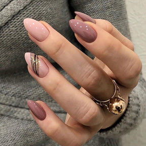 Autumn Almond Nails with Diagonal Gold Lines, Lotus Pink