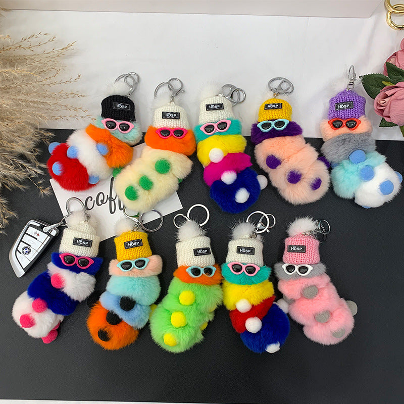 Cute Real Rabbit Fur Caterpillar Keychain - Keyring Decor