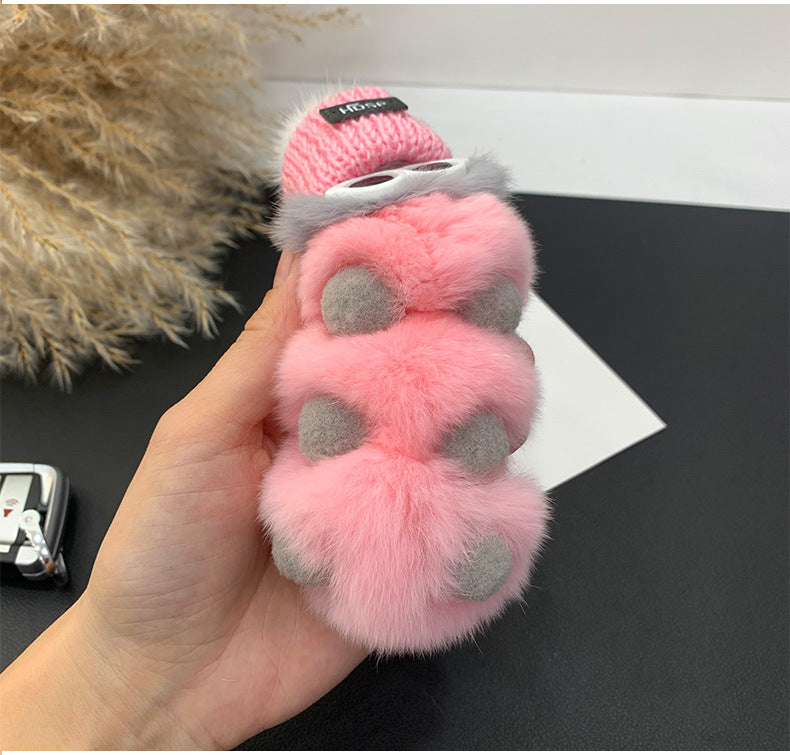 Cute Real Rabbit Fur Caterpillar Keychain - Keyring Decor