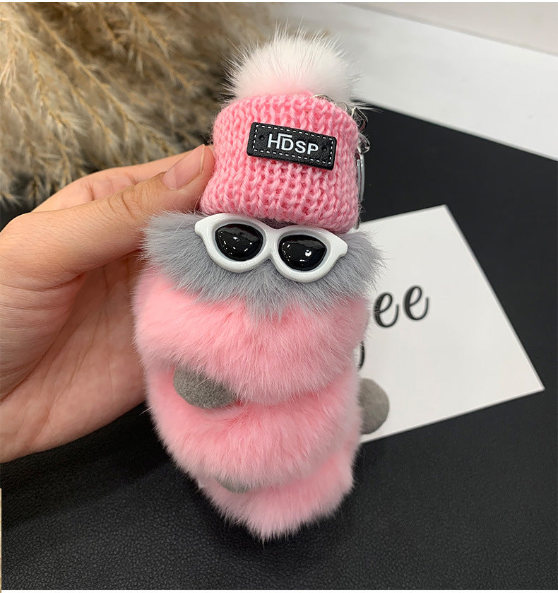 Cute Real Rabbit Fur Caterpillar Keychain - Keyring Decor