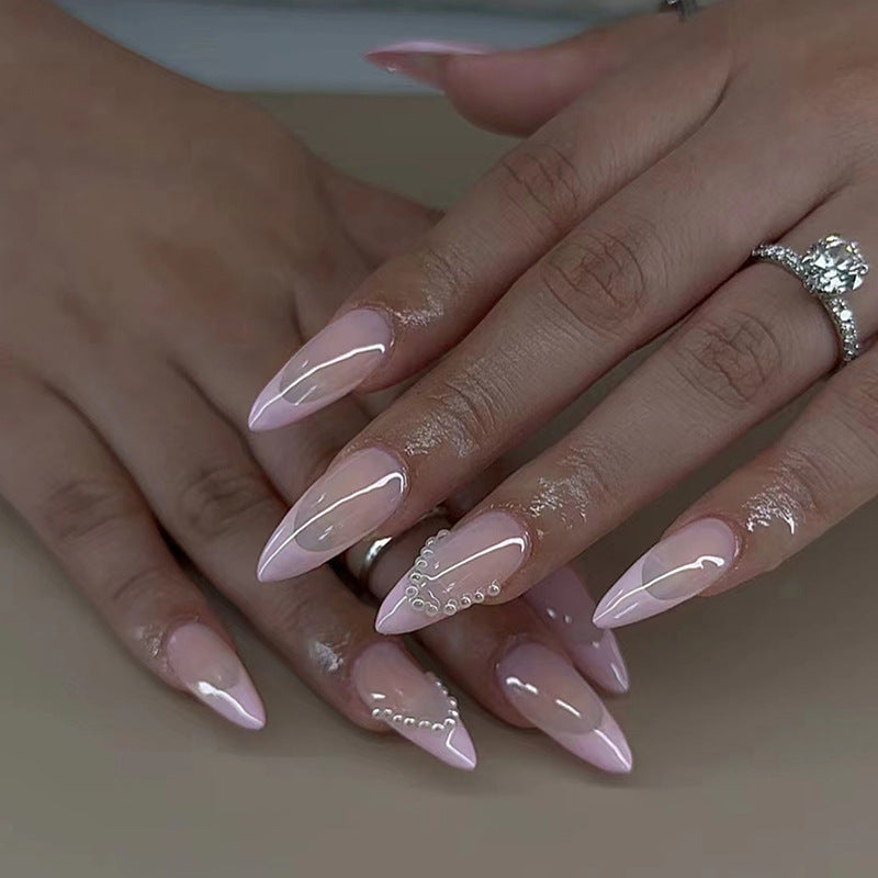 Almond Shape Pink French Nails with Pearls, Sweet Girl Style