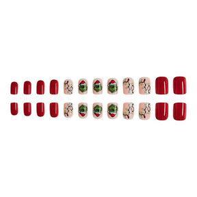 Short Shiny Grinch Christmas Red Hat Green Vines Fall Nails - 24 Pieces