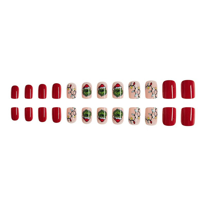 Short Shiny Grinch Christmas Red Hat Green Vines Fall Nails - 24 Pieces