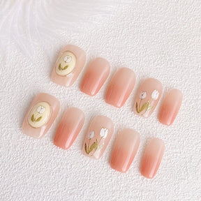 Chic Handmade Gradient Tulip Minimalist Hand-Painted Fall Nails, Original and Stylish Nail Patches