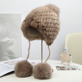 Winter Fox Pom Pom Mink Fur Hat for Women