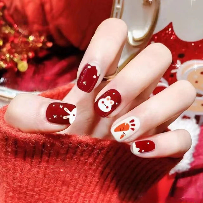 Rabbit Design Wine Red Fall Nails: 24-Piece Removable Nail Wraps