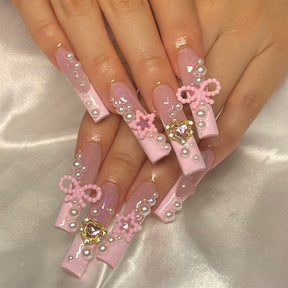 XXL Long French Nail Tips with Heart Studs and Pearls