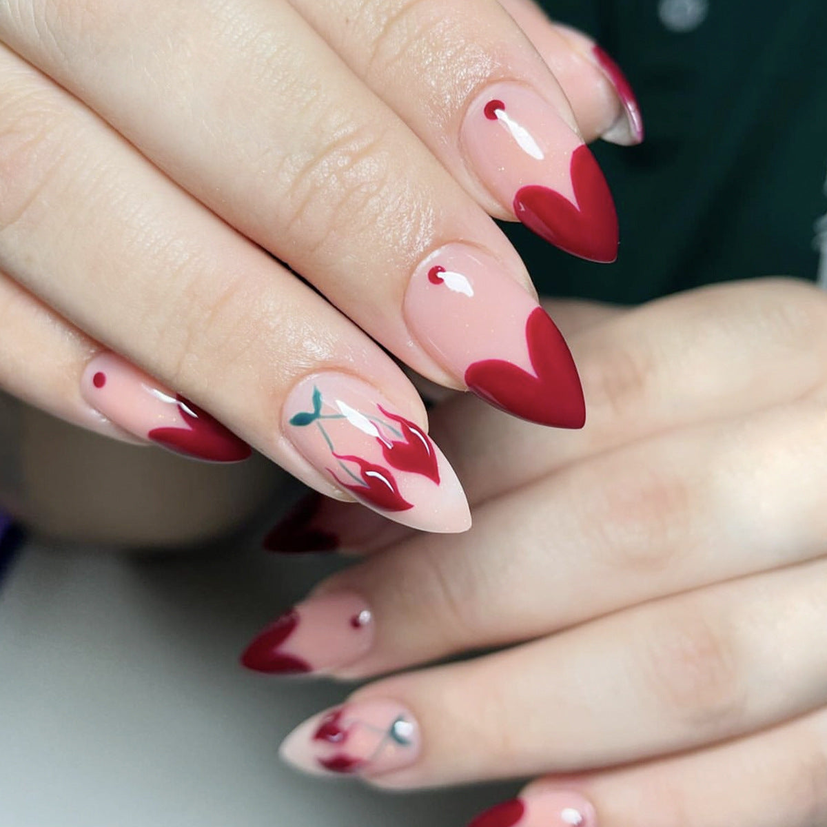 Almond Shaped Red Heart French Cherry Polka Dot Detachable Fake Nails