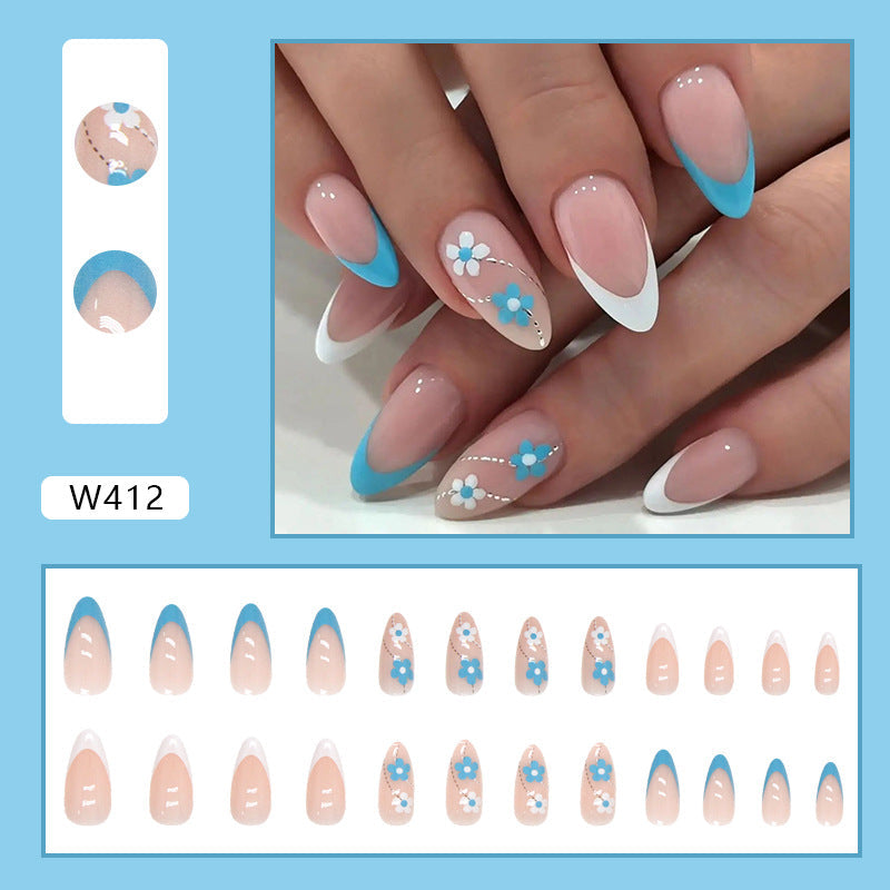 Chic Blue-White Bicolor Fall Nails, 24-Piece Ins-Style Set