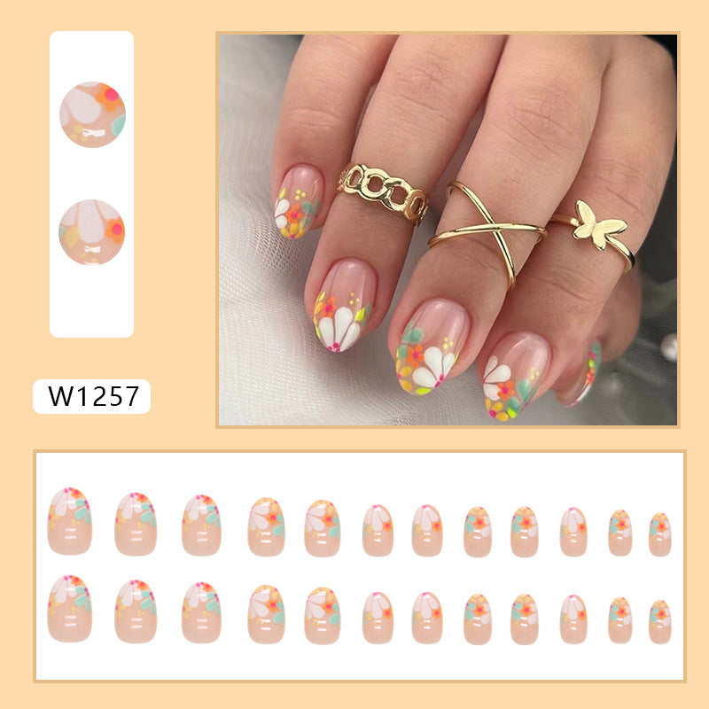 Oval Colorful Flower Nails, Vintage Bouquet, Spring/Summer Ins Style