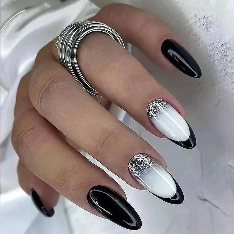 Almond-Shaped Black French Nails, Shiny and Chic