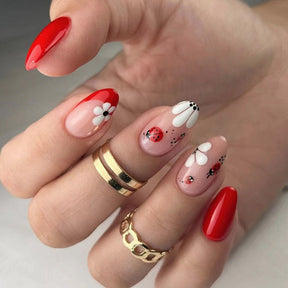 Almond Shape Ladybug and Flower Nails, Cute and INS Style