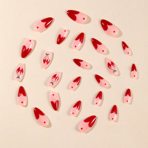 Almond Shaped Red Heart French Cherry Polka Dot Detachable Fake Nails